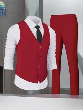 Men's Red Medium Suits 2 Pieces, Vest Pants Set for Men, V-Neck Slim Fit